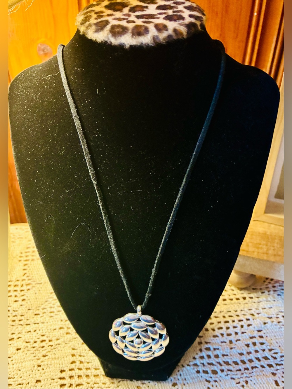 Silver Floral Round Pendant Necklace on Black Suede Cord